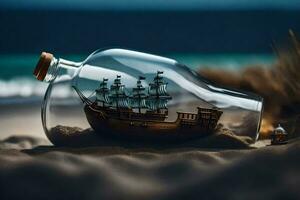 Schiff im ein Flasche, Strand, Sand, Ozean, Wasser, Sand, Strand, Schiff,. KI-generiert foto