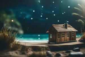 ein Miniatur Haus auf das Strand beim Nacht. KI-generiert foto