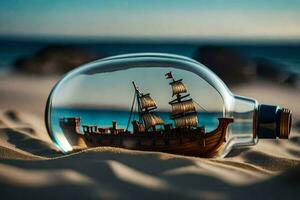 ein Schiff im ein Flasche auf das Strand. KI-generiert foto