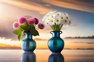 zwei Vasen mit Blumen auf ein Tabelle mit ein Sonnenuntergang im das Hintergrund. KI-generiert foto