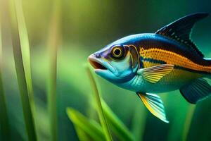 ein Fisch mit ein Gelb und Blau Streifen ist Schwimmen im das Gras. KI-generiert foto