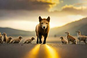 ein Wolf und ihr jung sind Gehen auf das Straße. KI-generiert foto