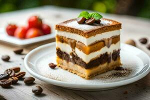 ein Scheibe von Kuchen mit Kaffee Bohnen und ein Kaffee. KI-generiert foto