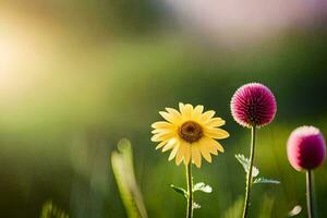 zwei Gelb Blumen sind Stehen im das Gras. KI-generiert foto