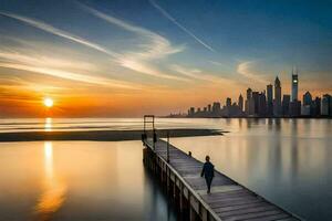 ein Mann Spaziergänge entlang ein Seebrücke im Vorderseite von ein Stadt Horizont. KI-generiert foto