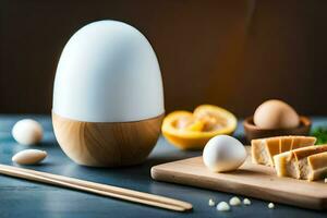 ein Ei, Essstäbchen und Käse auf ein Tisch. KI-generiert foto