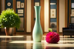 ein Vase mit ein Blume Sitzung auf ein Boden. KI-generiert foto