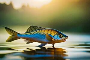 ein Fisch ist Stehen auf das Wasser mit das Sonne im das Hintergrund. KI-generiert foto