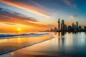 das Stadt Horizont im Dubai beim Sonnenuntergang. KI-generiert foto
