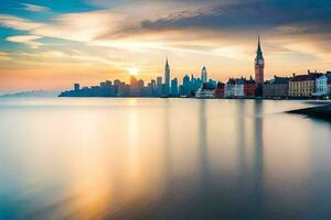 das Stadt Horizont ist gesehen im das Entfernung beim Sonnenuntergang. KI-generiert foto