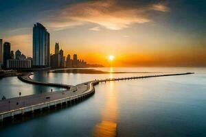 das Sonne steigt an Über das Stadt Horizont im Dubai. KI-generiert foto