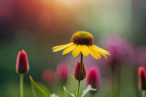 Gelb Blume im das Sonne mit verschwommen Hintergrund. KI-generiert foto