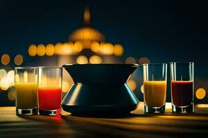 ein schwarz Topf mit Brille von Orange Saft und Saft. KI-generiert foto