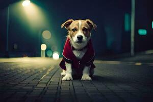 ein Hund tragen ein rot Jacke Sitzung auf das Straße beim Nacht. KI-generiert foto