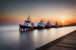 Boote angedockt beim das Seebrücke beim Sonnenuntergang. KI-generiert foto