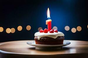 ein Cupcake mit ein zündete Kerze auf oben. KI-generiert foto