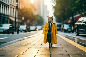 ein Fuchs im ein Gelb Mantel Gehen Nieder ein Straße. KI-generiert foto