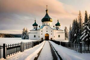 ein Kirche im das Schnee mit ein Zaun und Bäume. KI-generiert foto