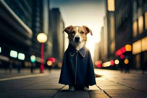 ein Hund tragen ein Mantel und Stehen auf ein Stadt Straße. KI-generiert foto