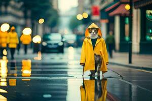 ein Hund im ein Gelb Regenjacke Stehen auf ein nass Straße. KI-generiert foto