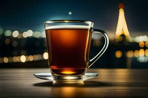 ein Tasse von Tee auf ein hölzern Tabelle im Vorderseite von das Eiffel Turm. KI-generiert foto