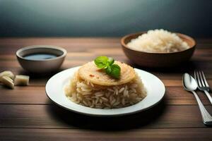 ein Teller von Reis mit Hähnchen und Gemüse auf ein hölzern Tisch. KI-generiert foto