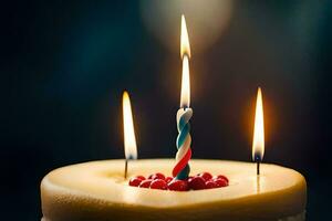 ein Geburtstag Kuchen mit drei zündete Kerzen. KI-generiert foto
