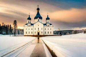 ein Kirche im das Schnee mit Blau Kuppeln. KI-generiert foto
