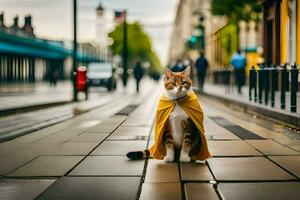 ein Katze tragen ein Gelb Kap auf das Straße. KI-generiert foto