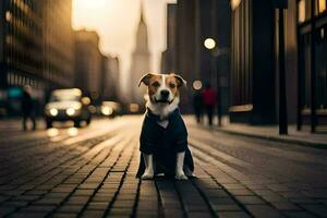 ein Hund tragen ein passen und Krawatte sitzt auf das Straße. KI-generiert foto