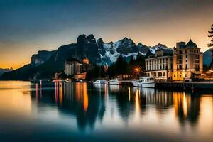 das Berge sind reflektiert im das Wasser beim Sonnenuntergang. KI-generiert foto