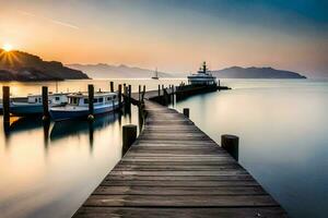 ein Seebrücke mit Boote angedockt beim Sonnenuntergang. KI-generiert foto