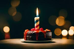 ein Schokolade Geburtstag Kuchen mit ein zündete Kerze. KI-generiert foto