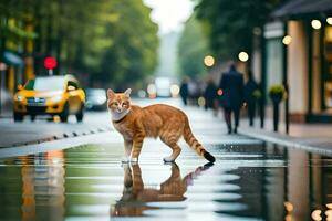 ein Orange Katze Gehen über ein nass Straße. KI-generiert foto