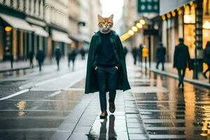 ein Mann tragen ein Katze Maske Spaziergänge Nieder ein Stadt Straße. KI-generiert foto