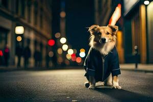 ein Hund im ein Jacke Stehen auf das Straße beim Nacht. KI-generiert foto