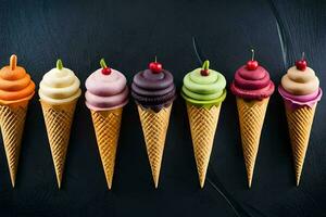 sechs Eis Sahne Zapfen mit anders Farben auf ein schwarz Hintergrund. KI-generiert foto