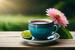 ein Tasse von Tee mit ein Blume und Kalk. KI-generiert foto