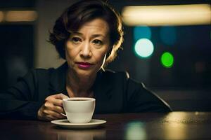 ein Frau im ein schwarz passen und Rosa Lippenstift sitzt beim ein Tabelle mit ein Tasse von Kaffee. KI-generiert foto