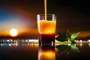 Orange Saft Sein gegossen in ein Glas mit ein Sonnenuntergang im das Hintergrund. KI-generiert foto