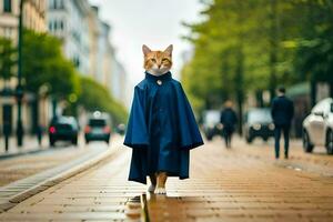 ein Katze tragen ein Blau Mantel und Gehen Nieder ein Straße. KI-generiert foto