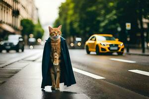ein Katze gekleidet im ein Kap Spaziergänge Nieder das Straße. KI-generiert foto