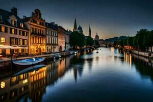 ein Kanal im das Stadt beim Dämmerung mit Boote auf Es. KI-generiert foto