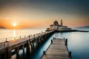 das Sonne setzt Über ein Seebrücke und ein Moschee. KI-generiert foto