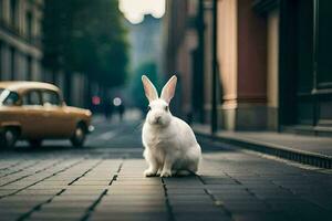 Weiß Hase Sitzung auf das Straße im Vorderseite von ein Wagen. KI-generiert foto