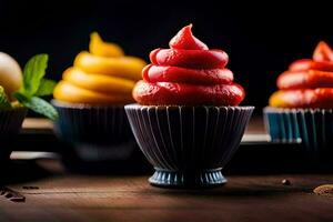 bunt Cupcakes auf ein hölzern Tisch. KI-generiert foto