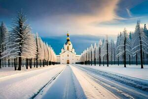 ein Kirche im das Schnee mit Bäume und Schnee. KI-generiert foto