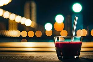 ein Glas von Saft mit ein Stroh Sitzung auf ein Tabelle im Vorderseite von ein Stadt Horizont. KI-generiert foto