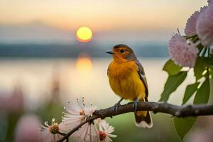 ein Vogel sitzt auf ein Ast mit Blumen im das Hintergrund. KI-generiert foto
