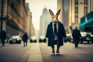 ein Hase gekleidet im ein passen und Krawatte Stehen auf ein Stadt Straße. KI-generiert foto